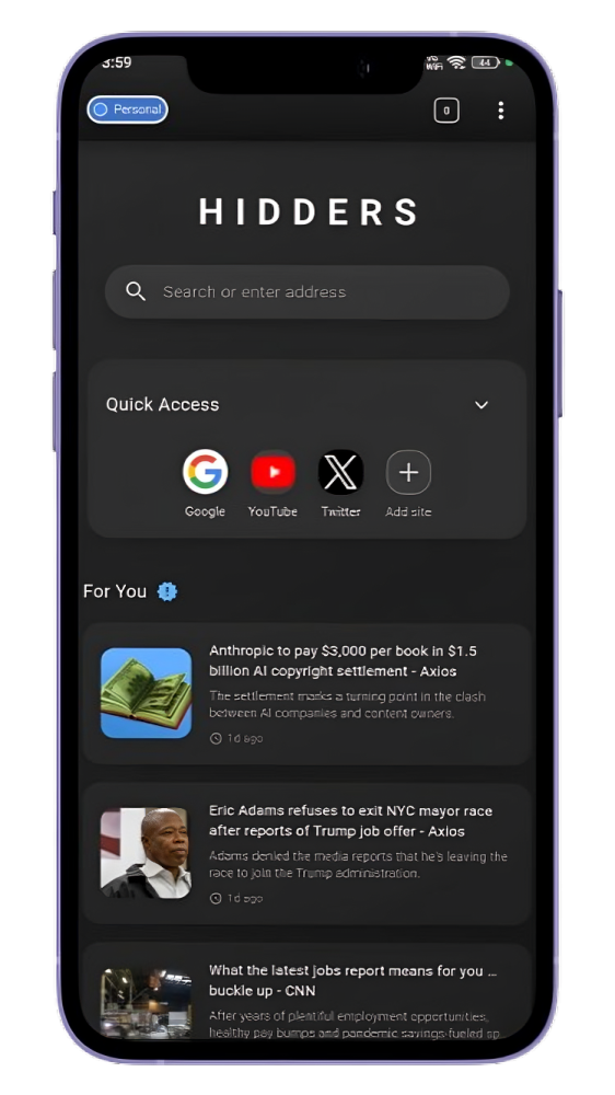 Hidders Browser on Mobile